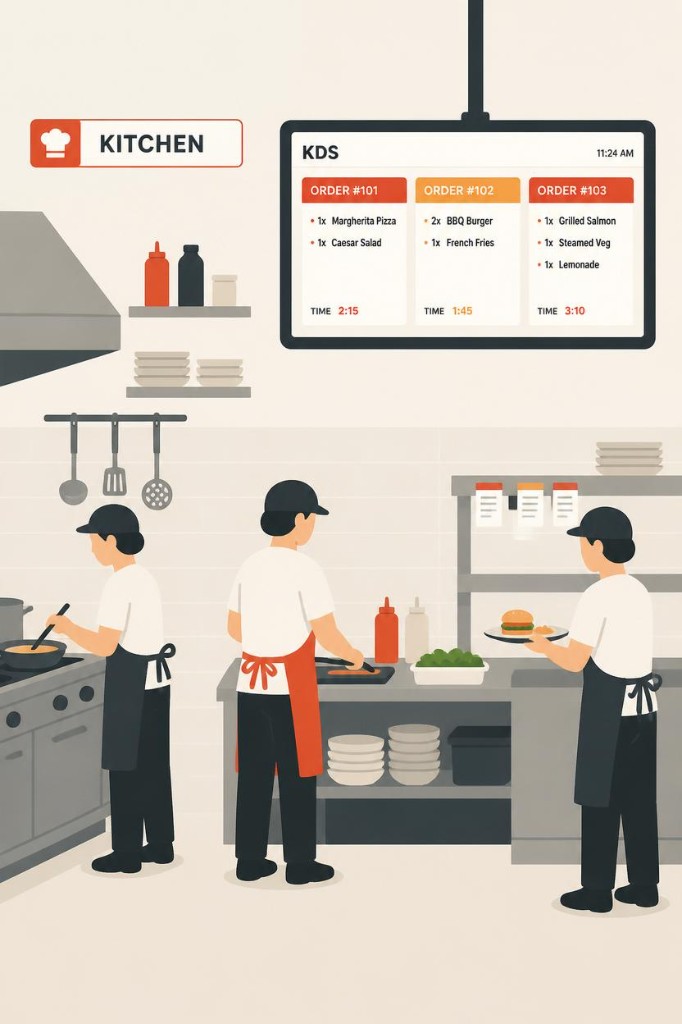 Kitchen staff working with a kitchen display system